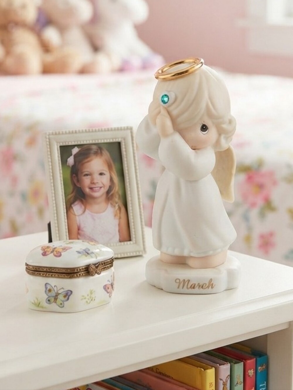 VTG Precious Moments March Angel Figurine - White with Gold Halo